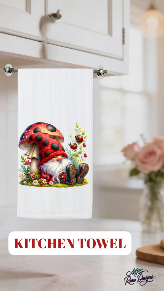 Whimsical Ladybug Gnome Kitchen Towel with Mushroom Cottagecore Design