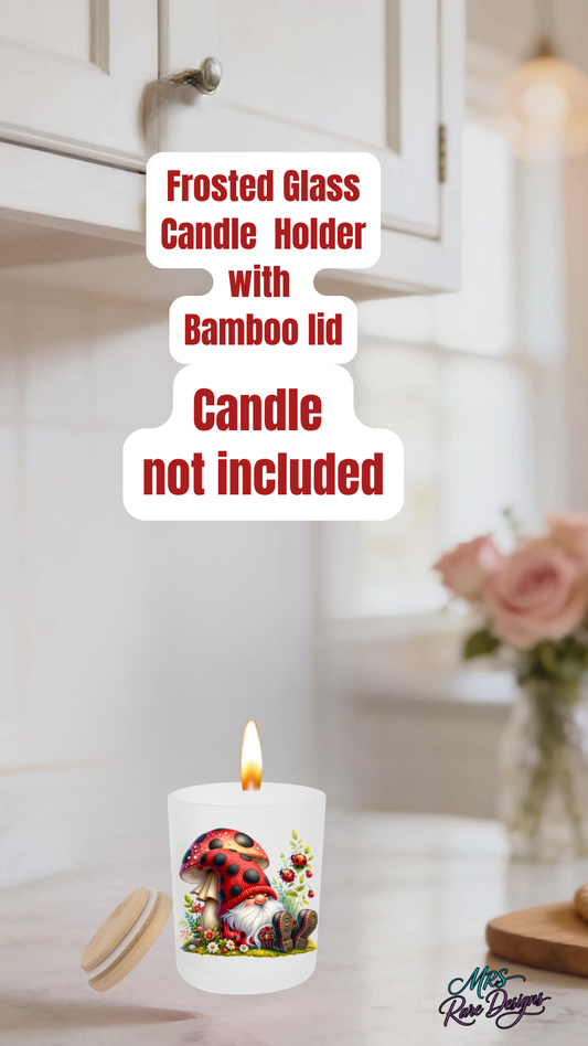 Whimsical Garden Gnome Frosted Glass Candle Holder with Bamboo Lid