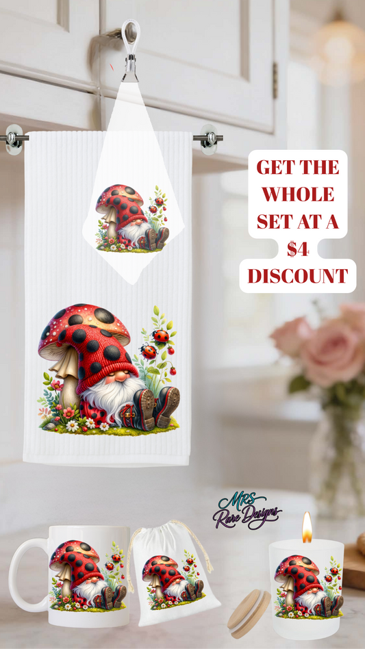 Whimsical Ladybug Gnome Kitchen Bundle – Hanging Towel, Dish Towel, Mug, Gift Bag & Candle Holder Set