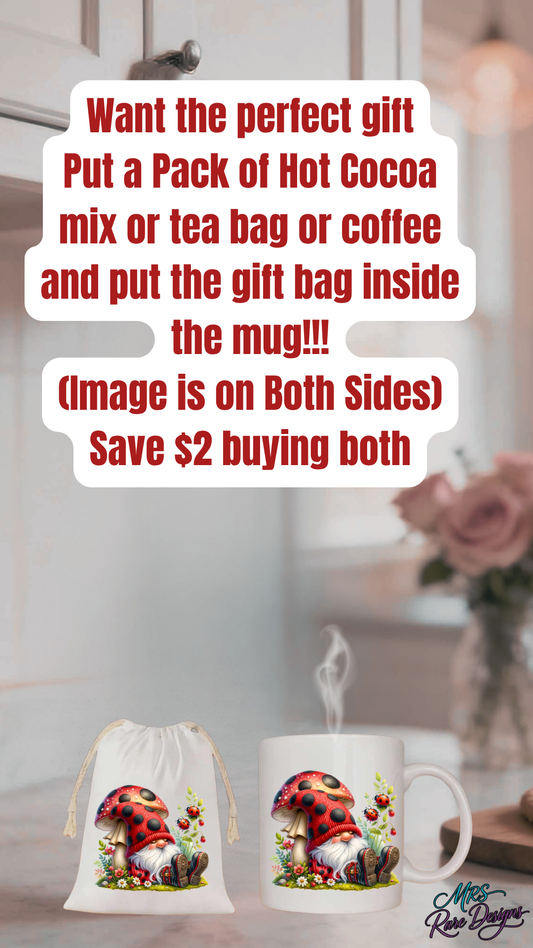 Whimsical Ladybug Gnome Gift Set – 11oz Coffee Mug & Drawstring Treat Bag Bundle