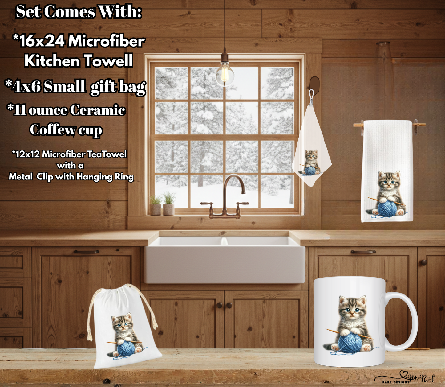Knitting Kitten Complete Kitchen Gift Set – Towels, Mug & Gift Bag Bundle