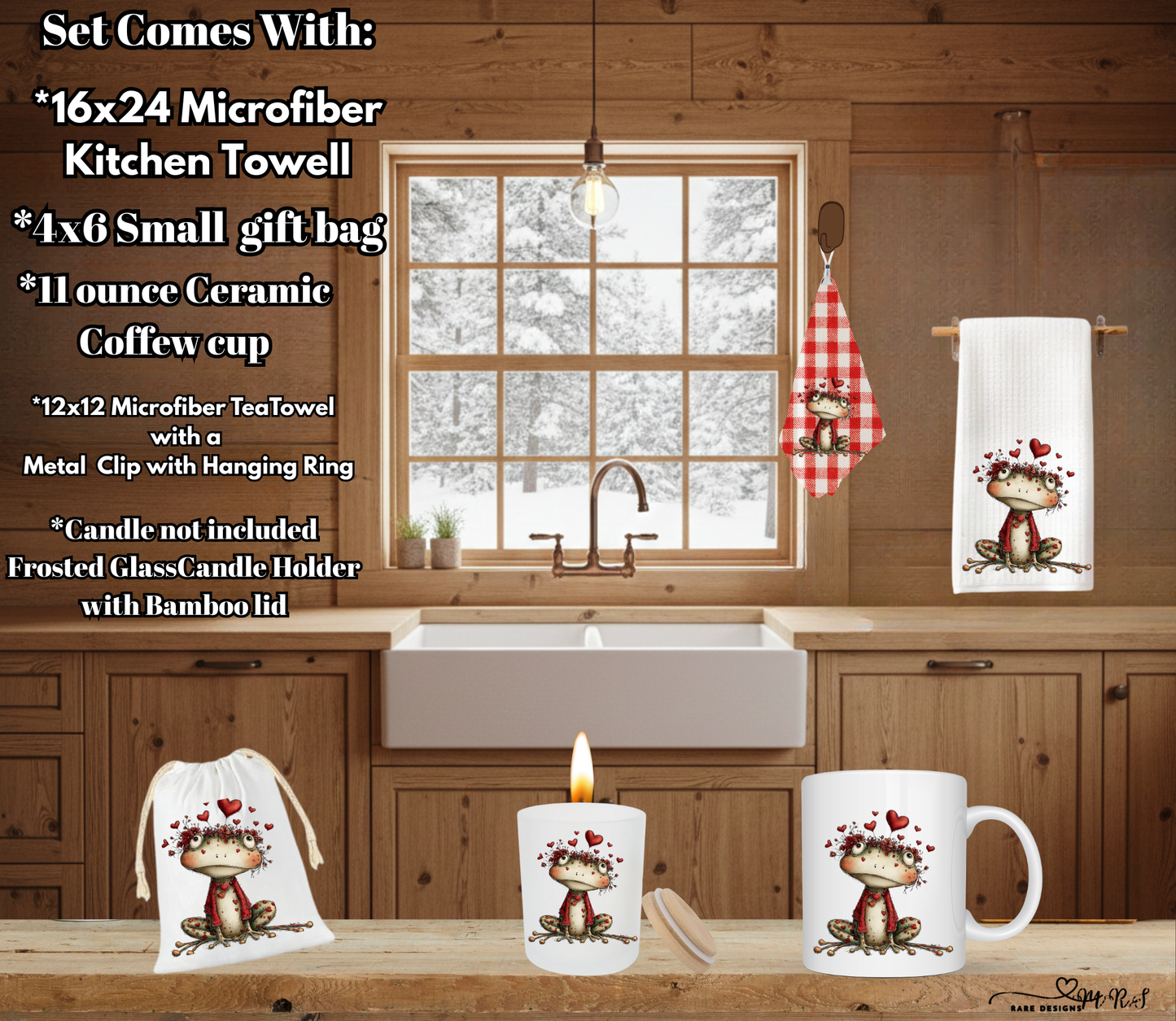 Whimsical Love Frogs – Complete Valentine’s Day Gift Set | Kitchen Towel, Mug, Gift Bag & Candle Holder