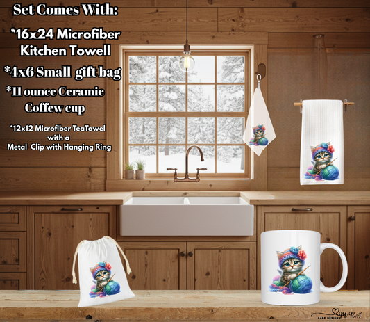 Knitting Kitten Complete Kitchen Gift Set – Towels, Mug & Gift Bag Bundle