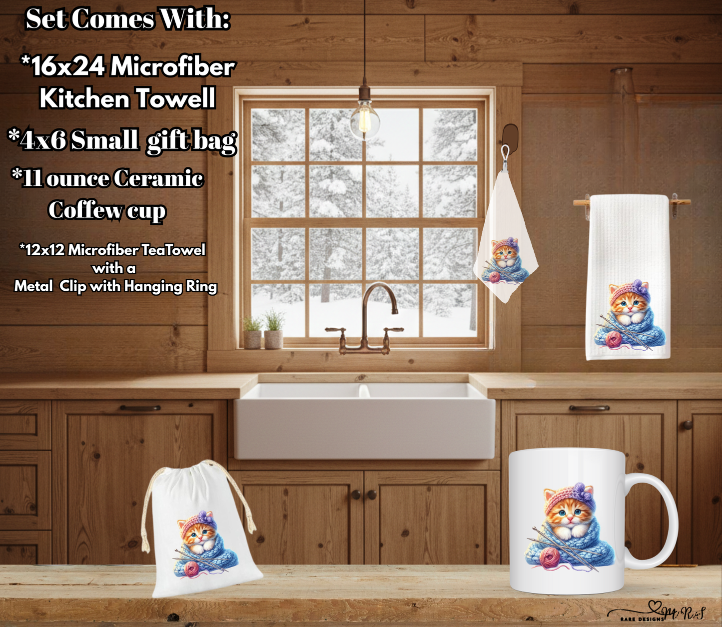 Knitting Kitten Complete Kitchen Gift Set – Towels, Mug & Gift Bag Bundle