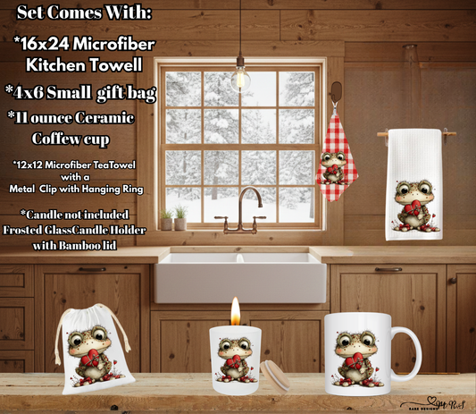 Whimsical Love Frogs – Complete Valentine’s Day Gift Set | Kitchen Towel, Mug, Gift Bag & Candle Holder