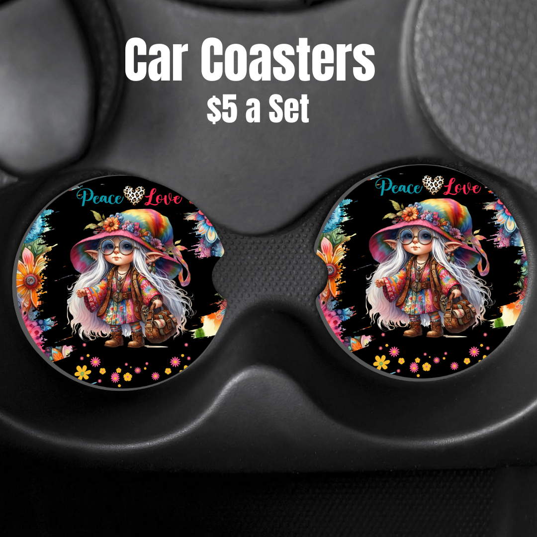 Peace & Love Hippie Gnome Car Coasters