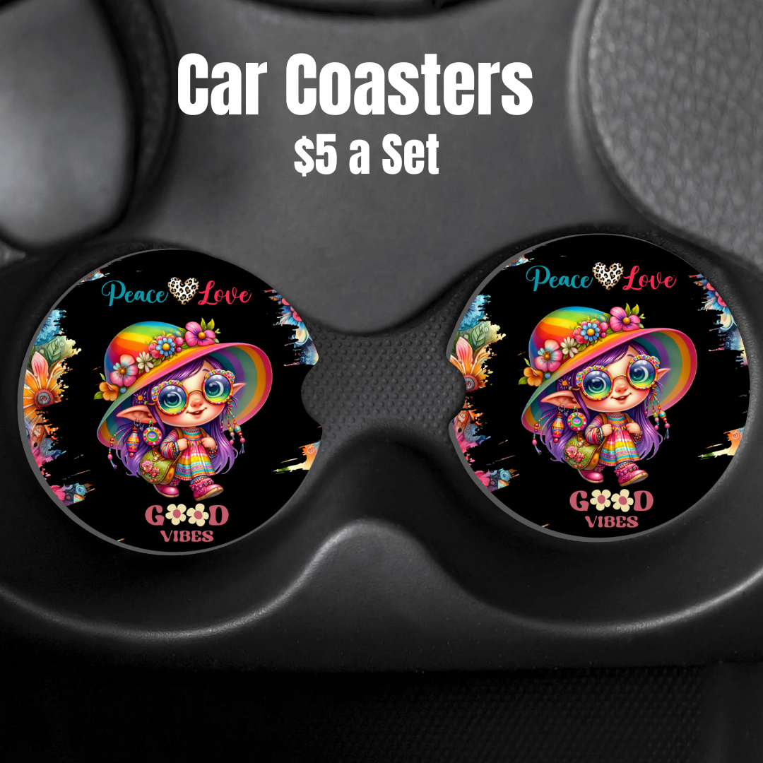 Peace & Love Hippie Gnome Car Coasters