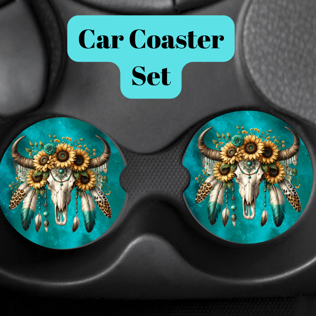 Boho Western Sunflower Steer Skull Car Coaster Set – Turquoise Floral Cow Skull Cup Holder Inserts