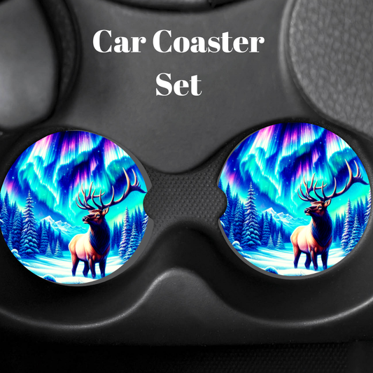 Northern Lights Elk Car Coaster Set (2-Pack)