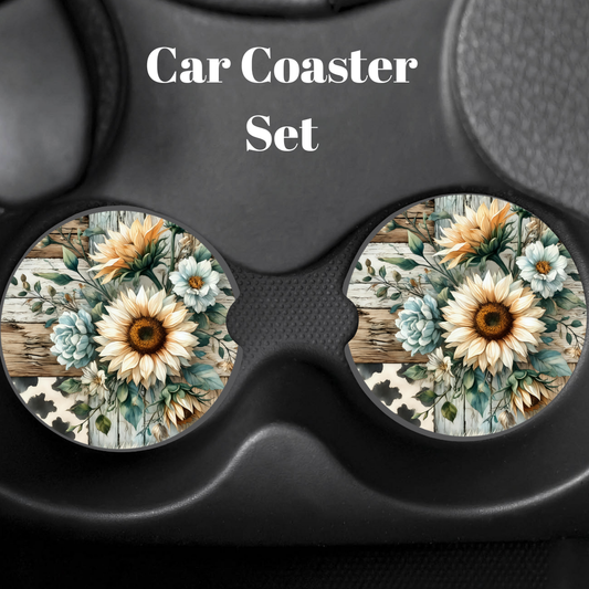 Rustic Sunflower Patchwork Car Coaster Set — Cup-Holder Inserts (Pair)