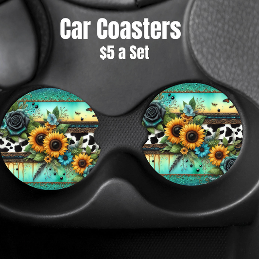 Sunflower and Cow Print Car Coasters