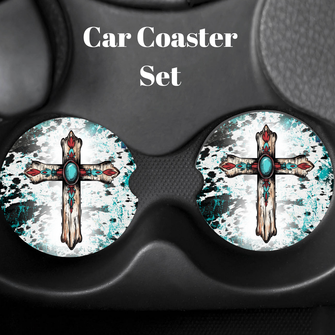 Turquoise Faith Car Coaster Sets – Sunflowers, Butterflies & Western Crosses