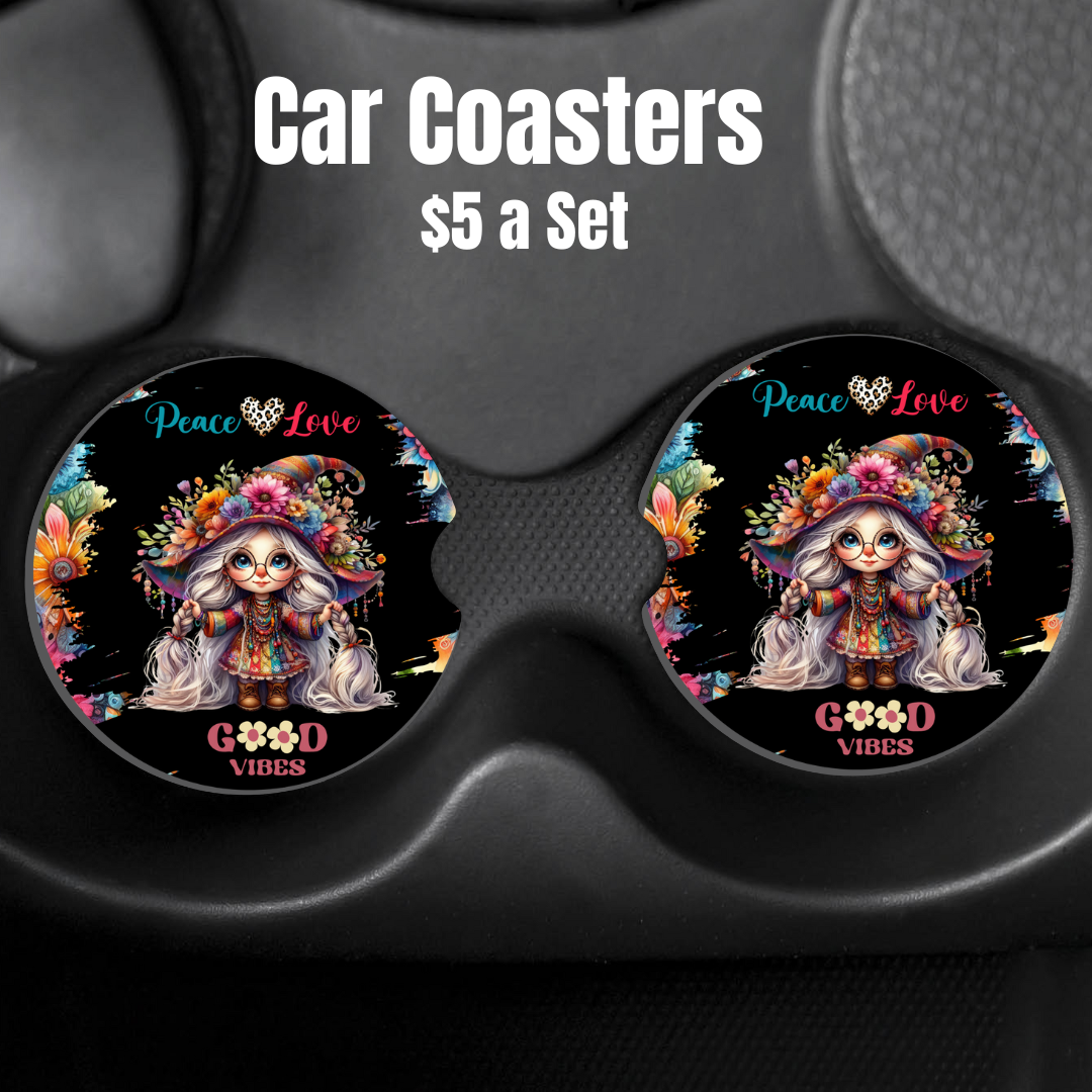 Peace & Love Hippie Gnome Car Coasters