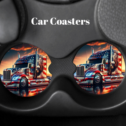 Patriotic Trucker Car Coasters | Set of 2 | Absorbent with Cork Back