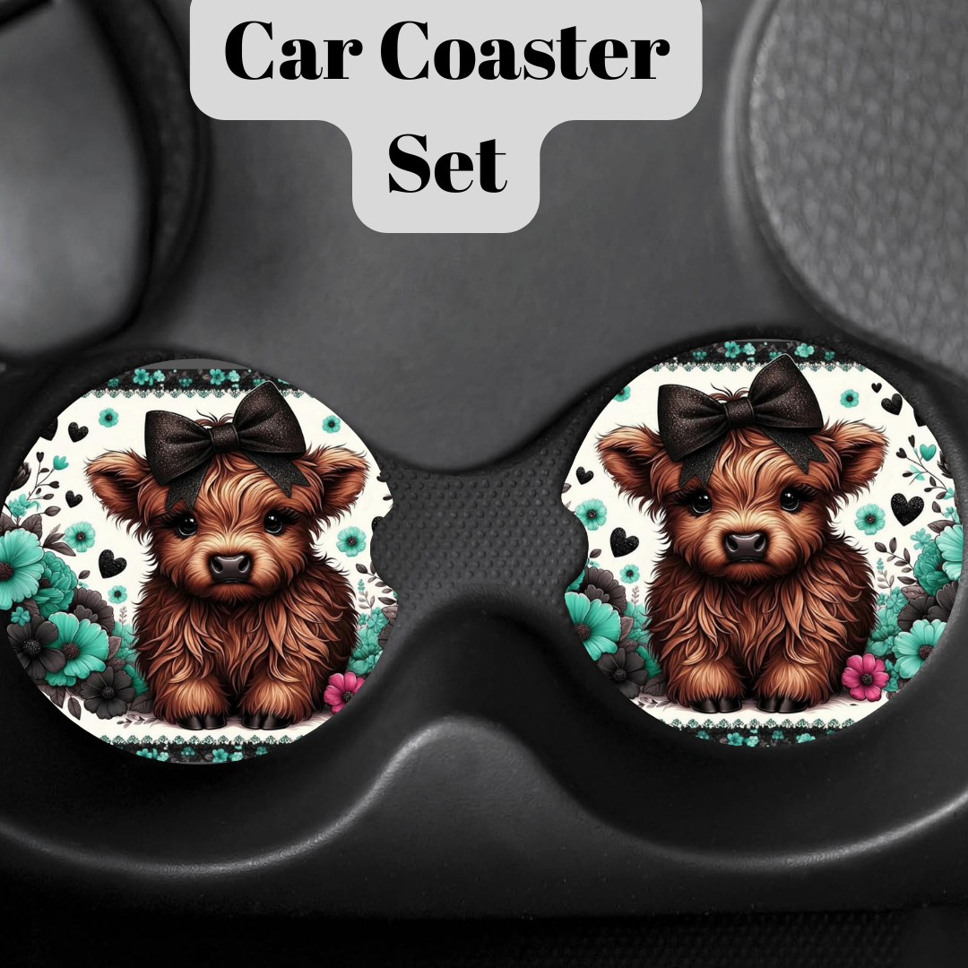 Highland Cow Neoprene Car Coaster Collection – Floral Farmhouse Auto Cup Holder Coasters (Purple, Blue, Teal, Rose & Pink Designs)