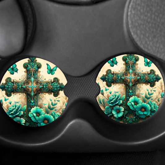 Turquoise Faith Floral Cross Car Coasters — Set of 2