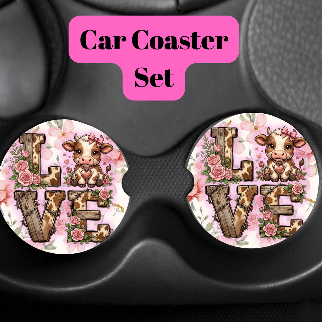 Rustic Cow Love Car Coaster Set – Farmhouse Floral Cup Holder Inserts