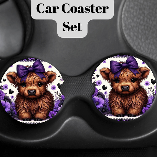 Highland Cow Neoprene Car Coaster Collection – Floral Farmhouse Auto Cup Holder Coasters (Purple, Blue, Teal, Rose & Pink Designs)