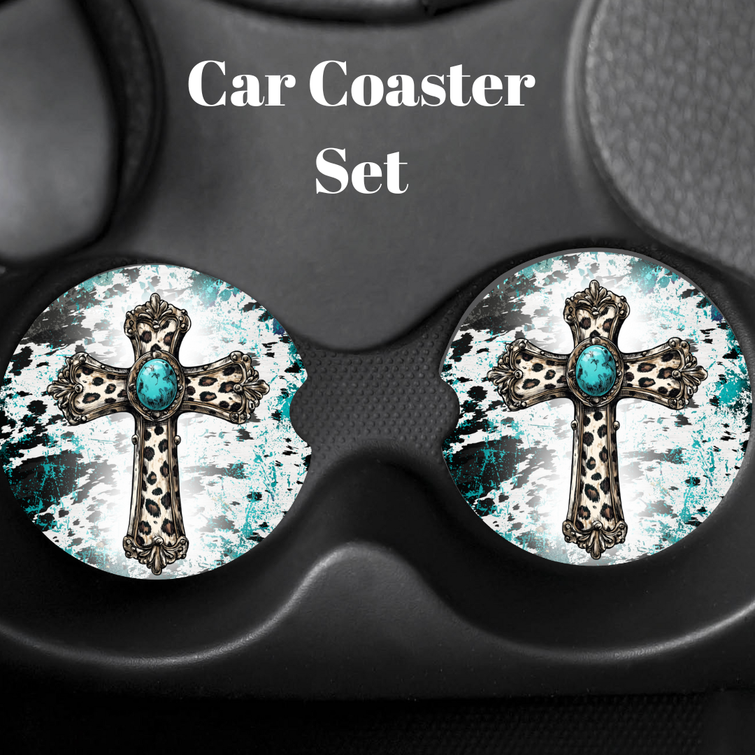 Turquoise Faith Car Coaster Sets – Sunflowers, Butterflies & Western Crosses