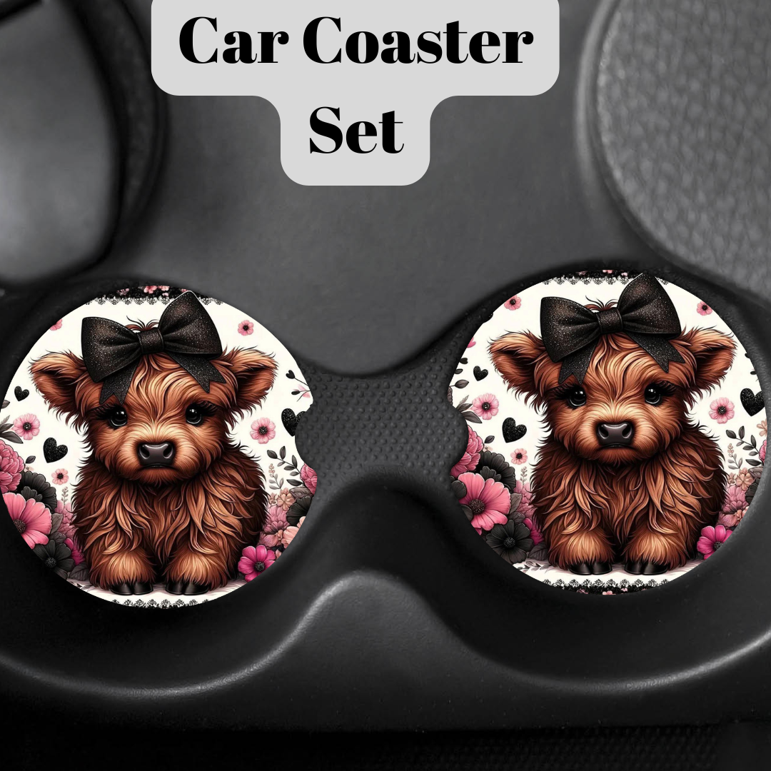 Highland Cow Neoprene Car Coaster Collection – Floral Farmhouse Auto Cup Holder Coasters (Purple, Blue, Teal, Rose & Pink Designs)