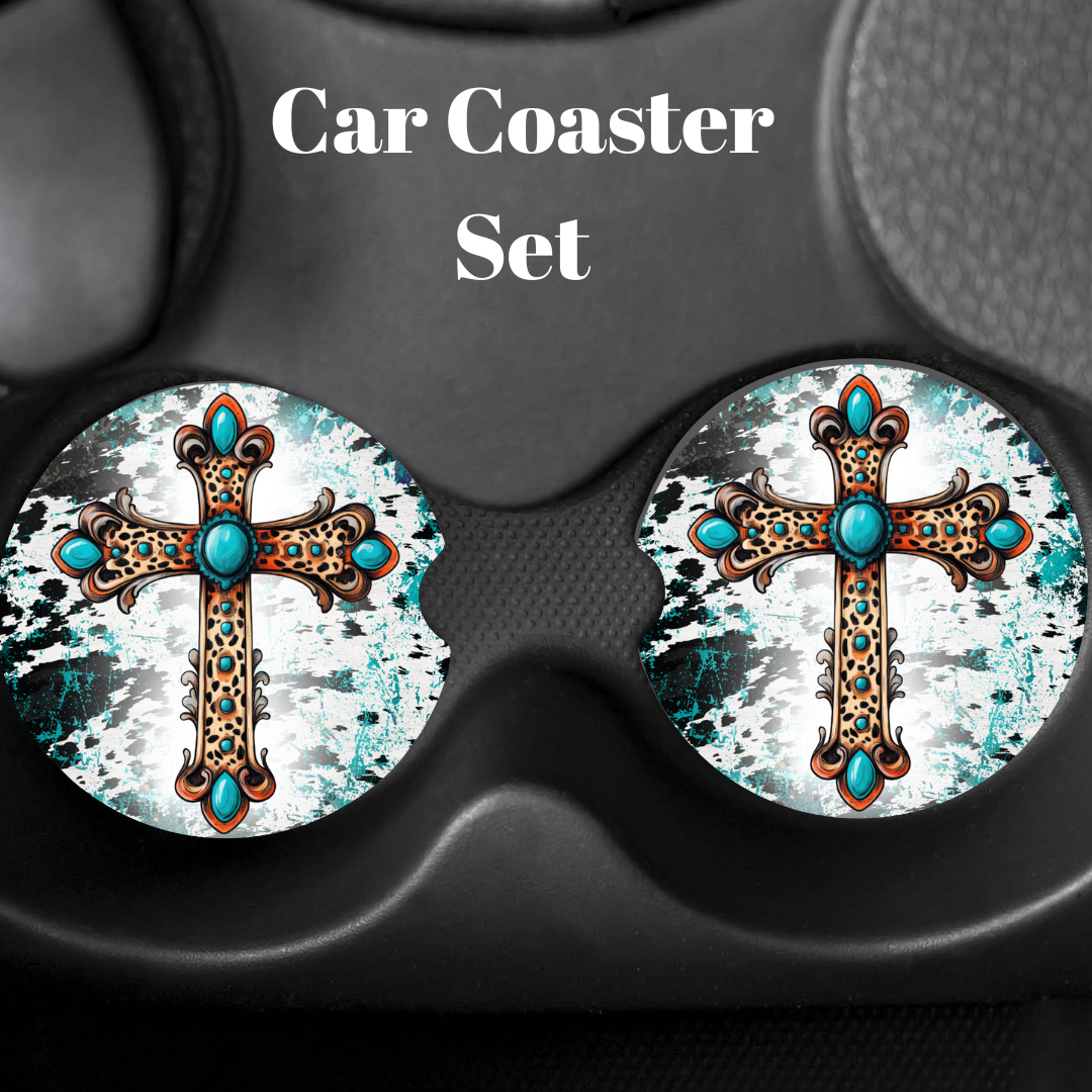 Turquoise Faith Car Coaster Sets – Sunflowers, Butterflies & Western Crosses