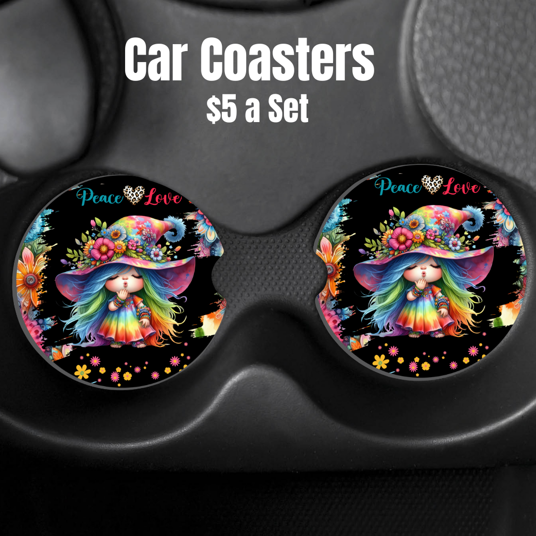 Peace & Love Hippie Gnome Car Coasters