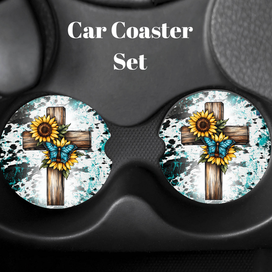 Turquoise Faith Car Coaster Sets – Sunflowers, Butterflies & Western Crosses