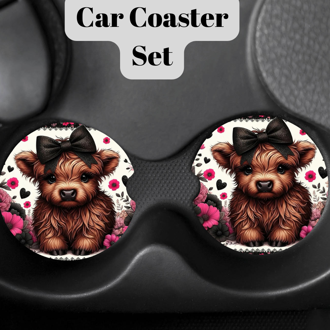 Highland Cow Neoprene Car Coaster Collection – Floral Farmhouse Auto Cup Holder Coasters (Purple, Blue, Teal, Rose & Pink Designs)