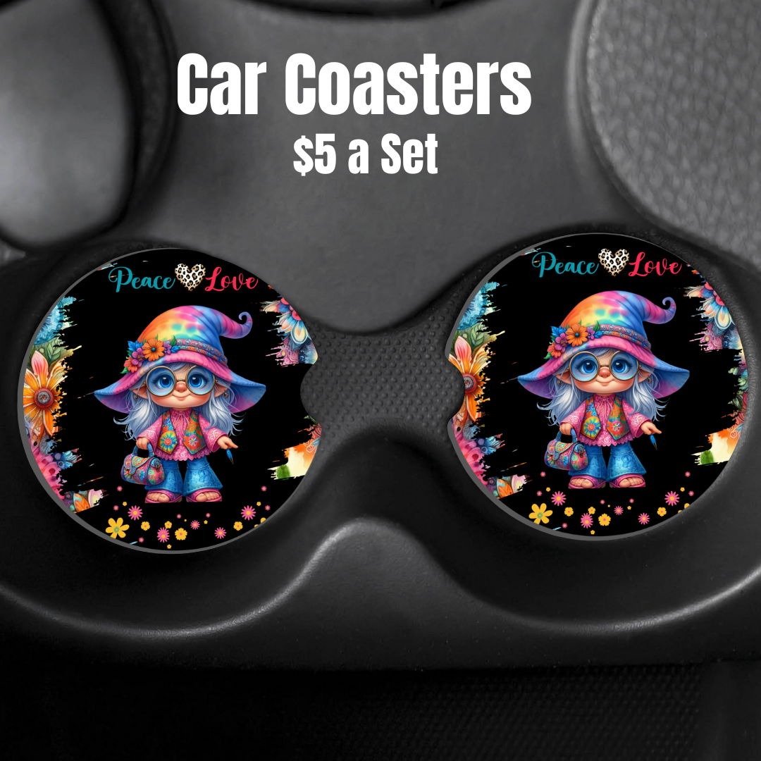 Peace & Love Hippie Gnome Car Coasters