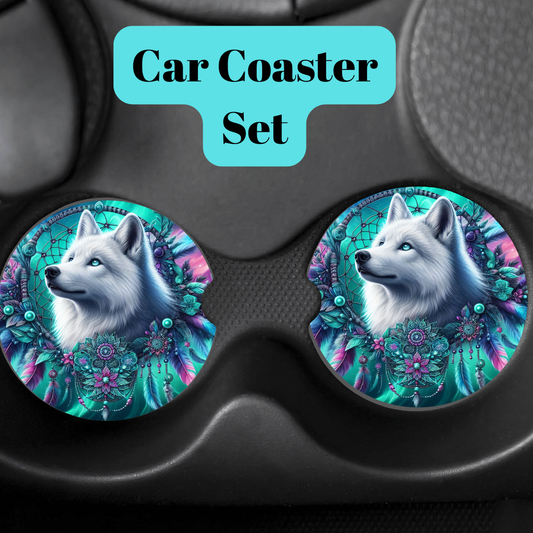 Mystic White Wolf Car Coaster Set – Absorbent Ceramic Cup Holder Inserts