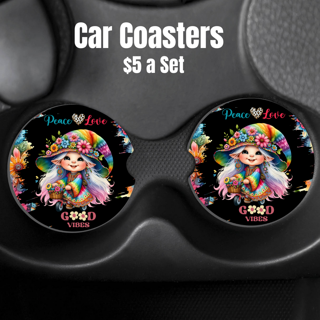 Peace & Love Hippie Gnome Car Coasters