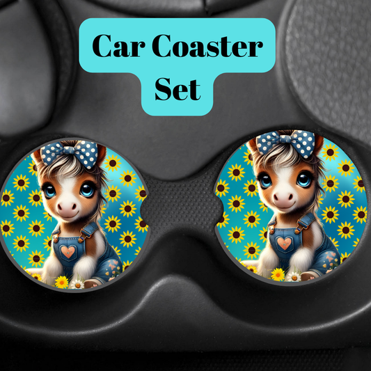 Cute Baby Donkey & Sunflower Car Coaster Set – Adorable Animal Print Auto Cup Holder Coasters