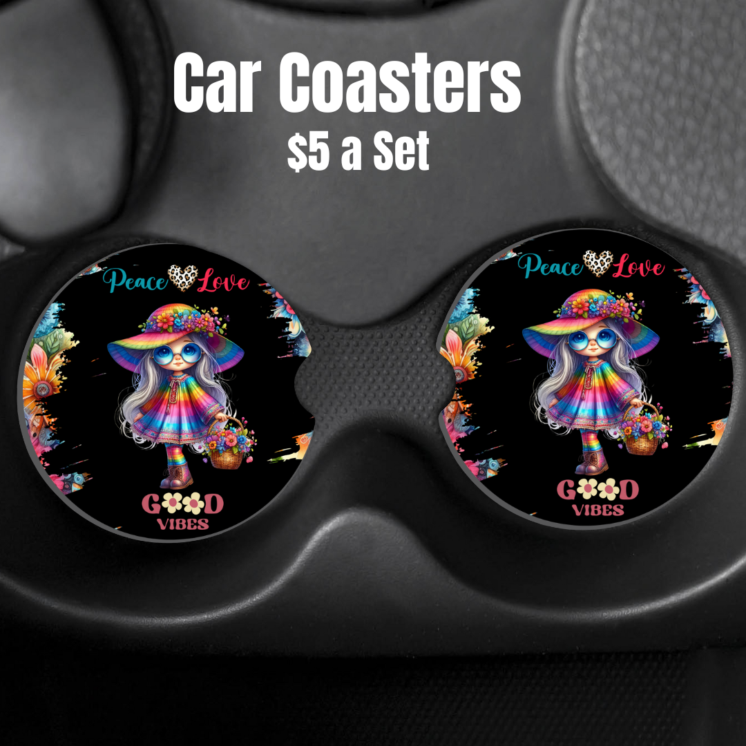 Peace & Love Hippie Gnome Car Coasters