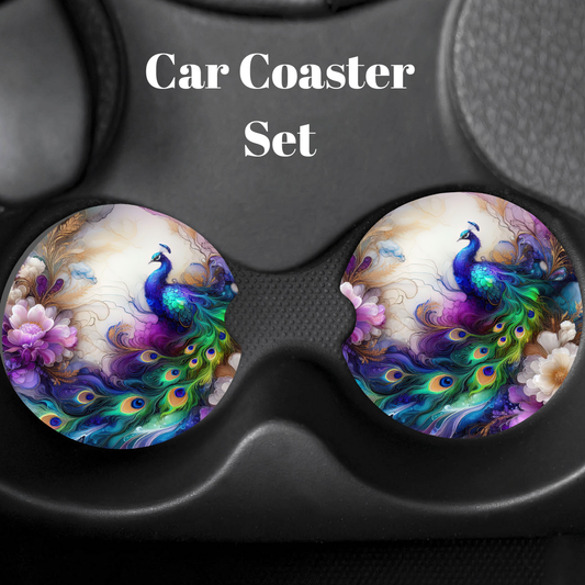 Peacock Elegance Neoprene Car Coaster Set – Reusable 2-Pack Cup Holder Inserts