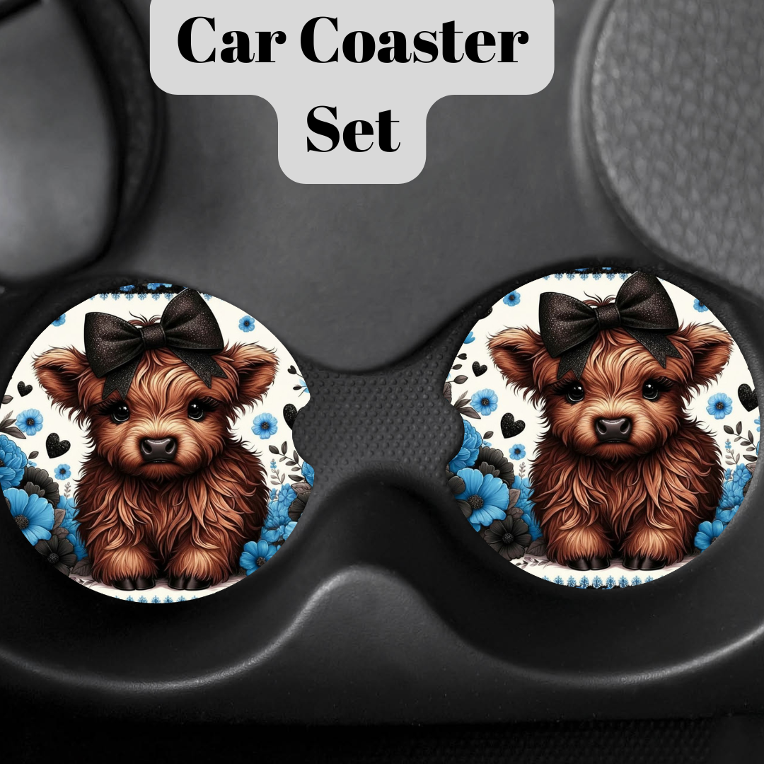 Highland Cow Neoprene Car Coaster Collection – Floral Farmhouse Auto Cup Holder Coasters (Purple, Blue, Teal, Rose & Pink Designs)