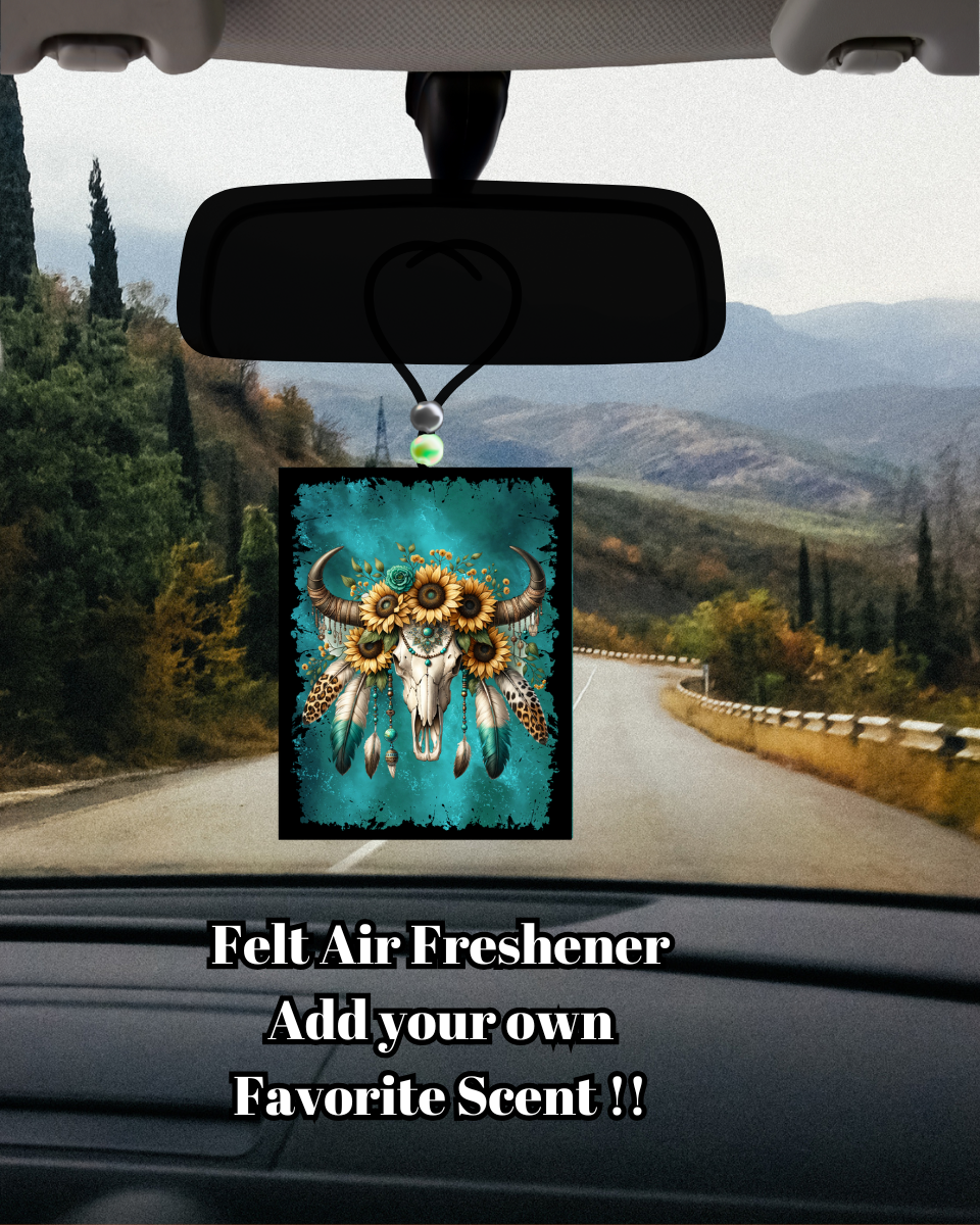 Boho Western Sunflower Steer Skull Felt Air Freshener – Add Your Own Scent!