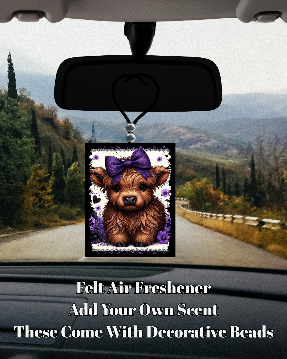 Highland Cow Felt Air Freshener Collection – Decorative Farmhouse Car Fresheners with Floral Bow Designs (Purple, Blue, Teal, Rose & Pink)