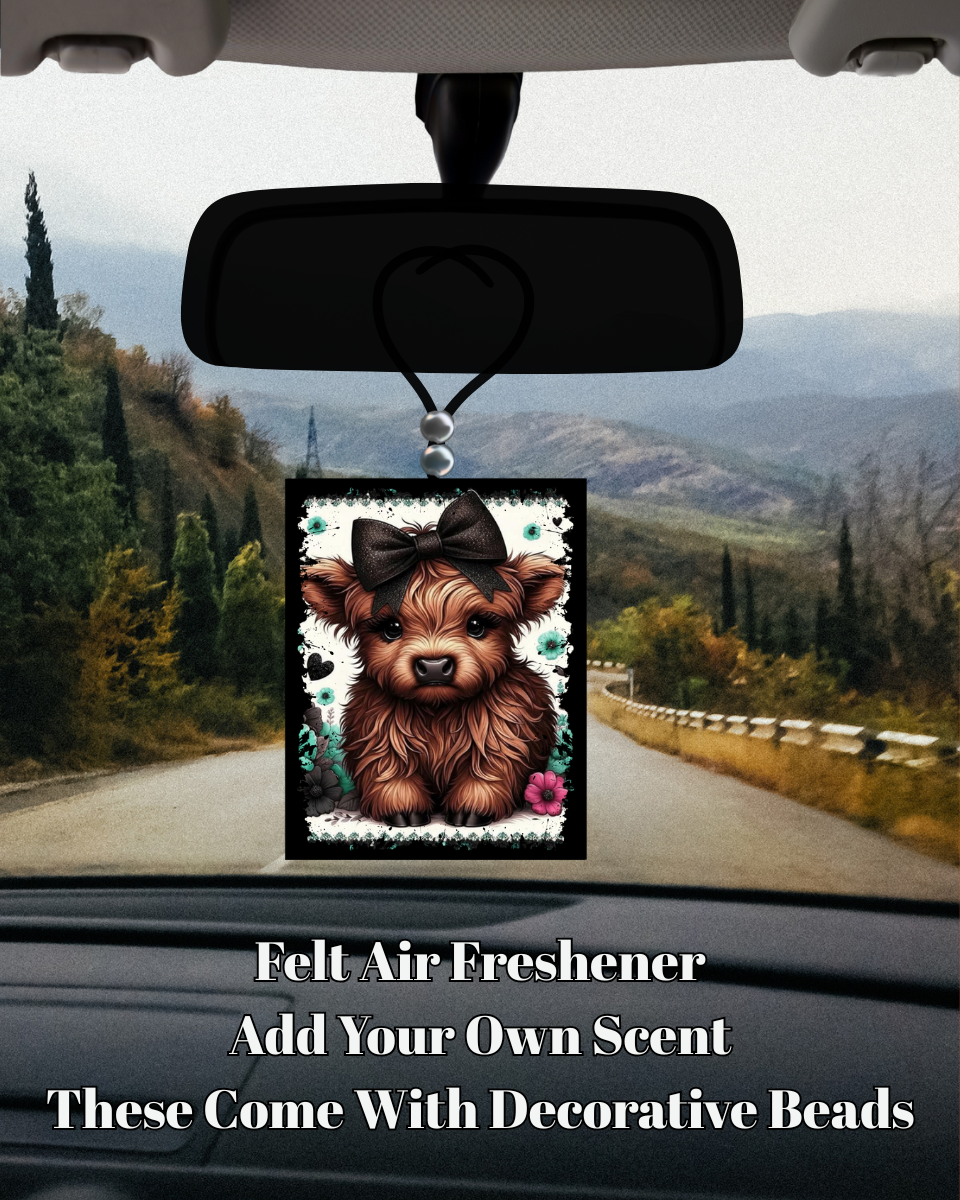 Highland Cow Felt Air Freshener Collection – Decorative Farmhouse Car Fresheners with Floral Bow Designs (Purple, Blue, Teal, Rose & Pink)