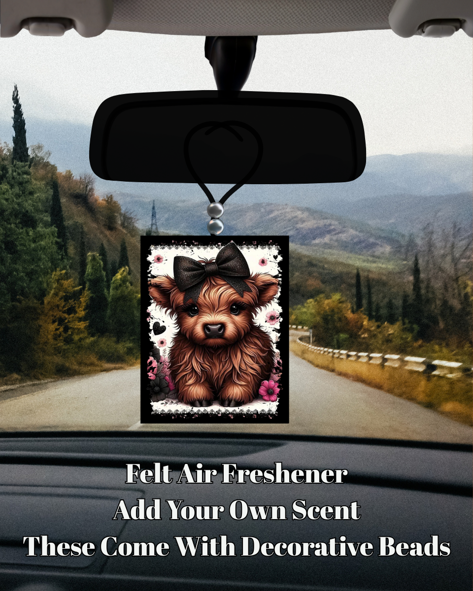 Highland Cow Felt Air Freshener Collection – Decorative Farmhouse Car Fresheners with Floral Bow Designs (Purple, Blue, Teal, Rose & Pink)