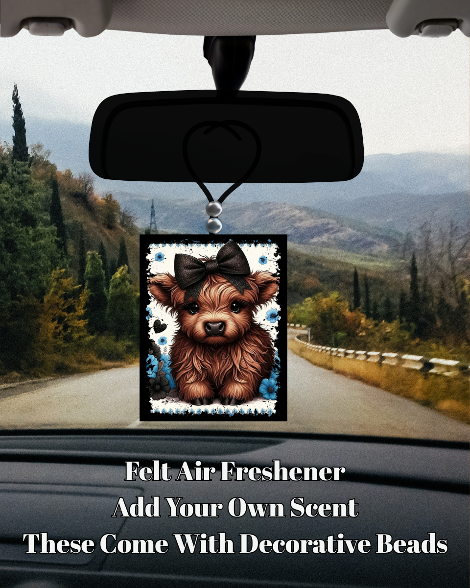 Highland Cow Felt Air Freshener Collection – Decorative Farmhouse Car Fresheners with Floral Bow Designs (Purple, Blue, Teal, Rose & Pink)