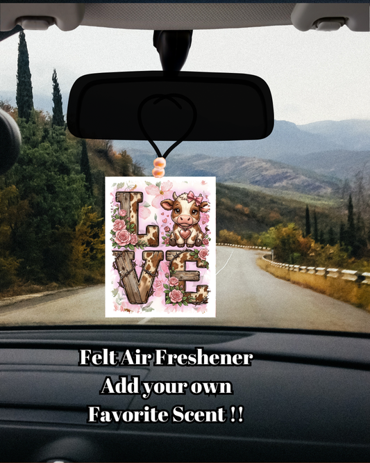 Rustic Cow Love Felt Air Freshener – Farmhouse Floral Car Charm | Add Your Own Essential Oil Scent