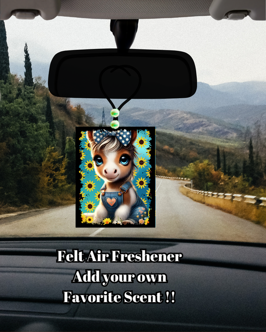 Cute Baby Donkey & Sunflower Felt Car Air Freshener – Add Your Own Scent