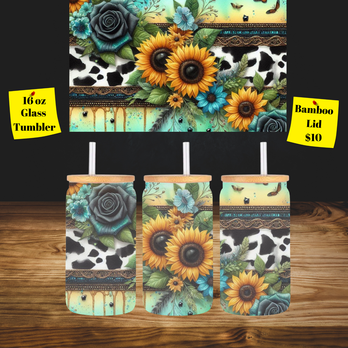 Sunflower and Cow Print 16oz Glass Tumbler with Bamboo Lid