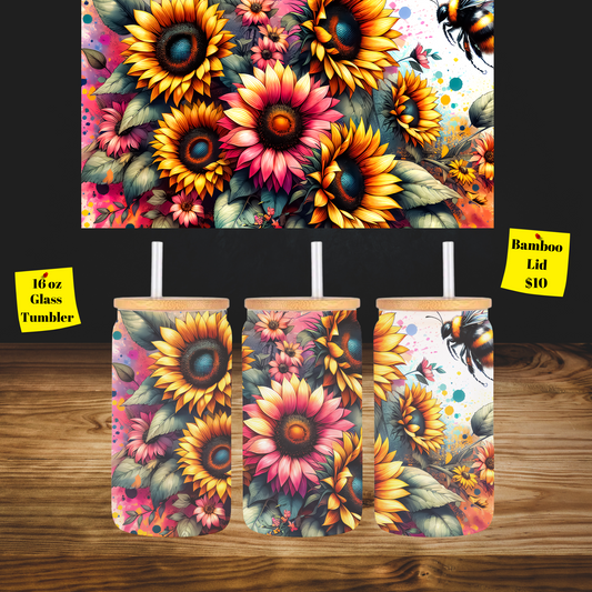 Floral Burst Glass Tumbler with Bamboo Lid