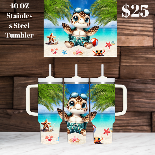 40 OZ Stainless Steel Tumbler with Cute Sea Turtle Design