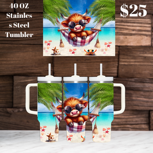 40 OZ Stainless Steel Tumbler with Cute Highland Cow Design