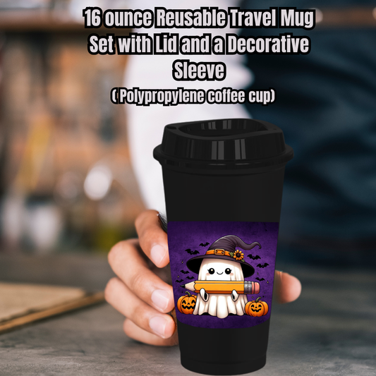 Spooky Scholar Ghost Mug Collection – 16oz Reusable Travel Mugs with Decorative Sleeves