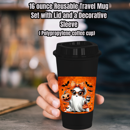 Spooky Chic Ghost Travel Mug Collection – 16oz Reusable Coffee Cups with Decorative Sleeves