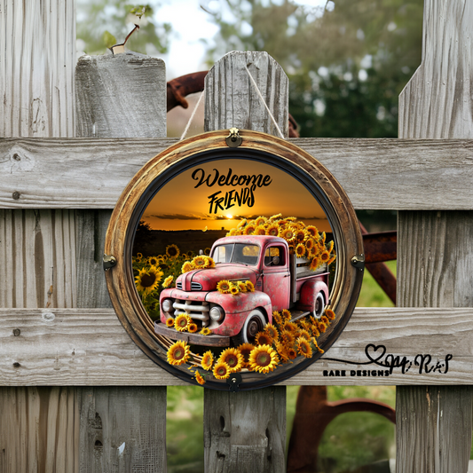 Welcome Friends Sunflower Truck Round Door Signs – Farmhouse Wall & Porch Décor
