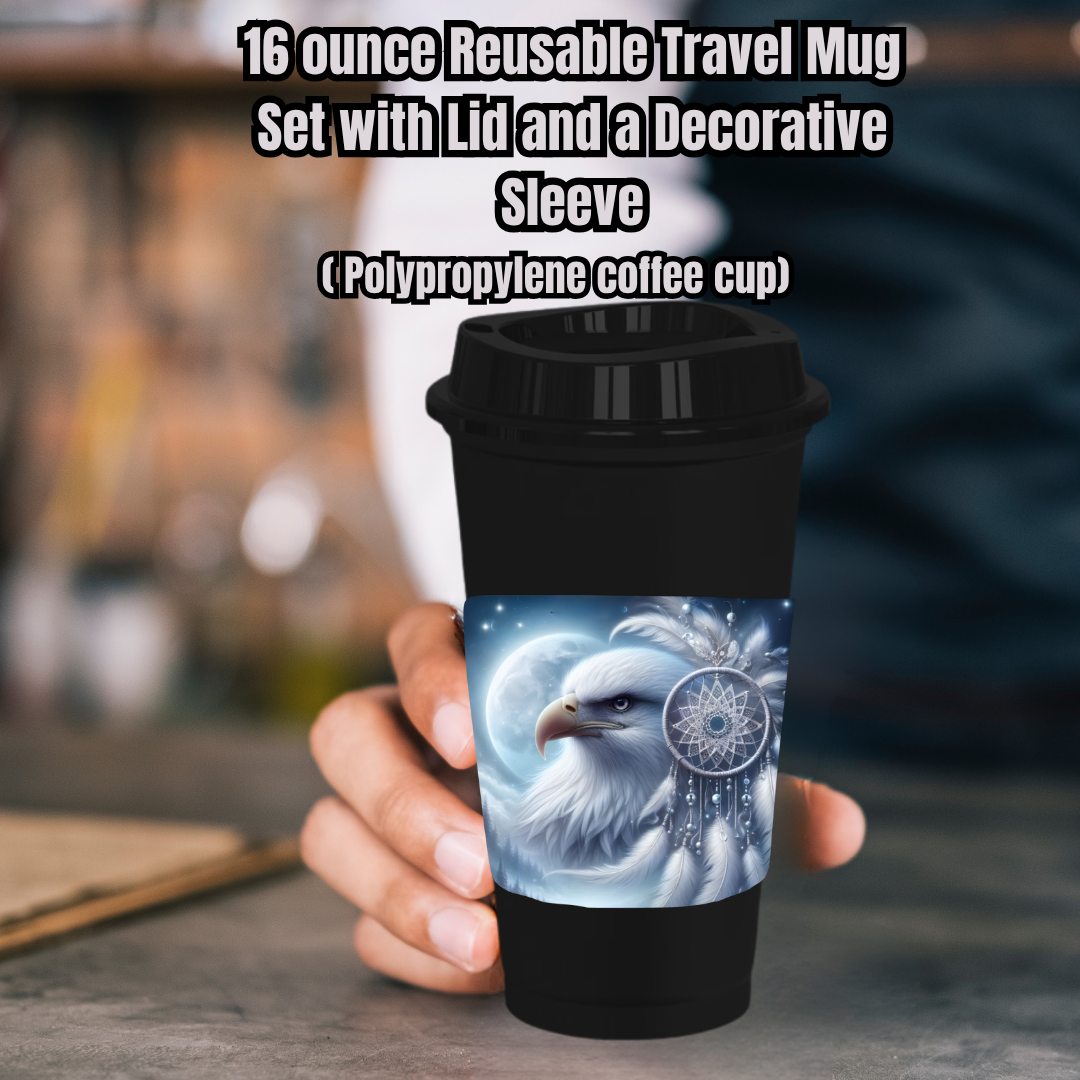 Moonfeather Eagle 16oz Reusable Travel Mug Set (White or Black) — Cup, Lid + Decorative Sleeve